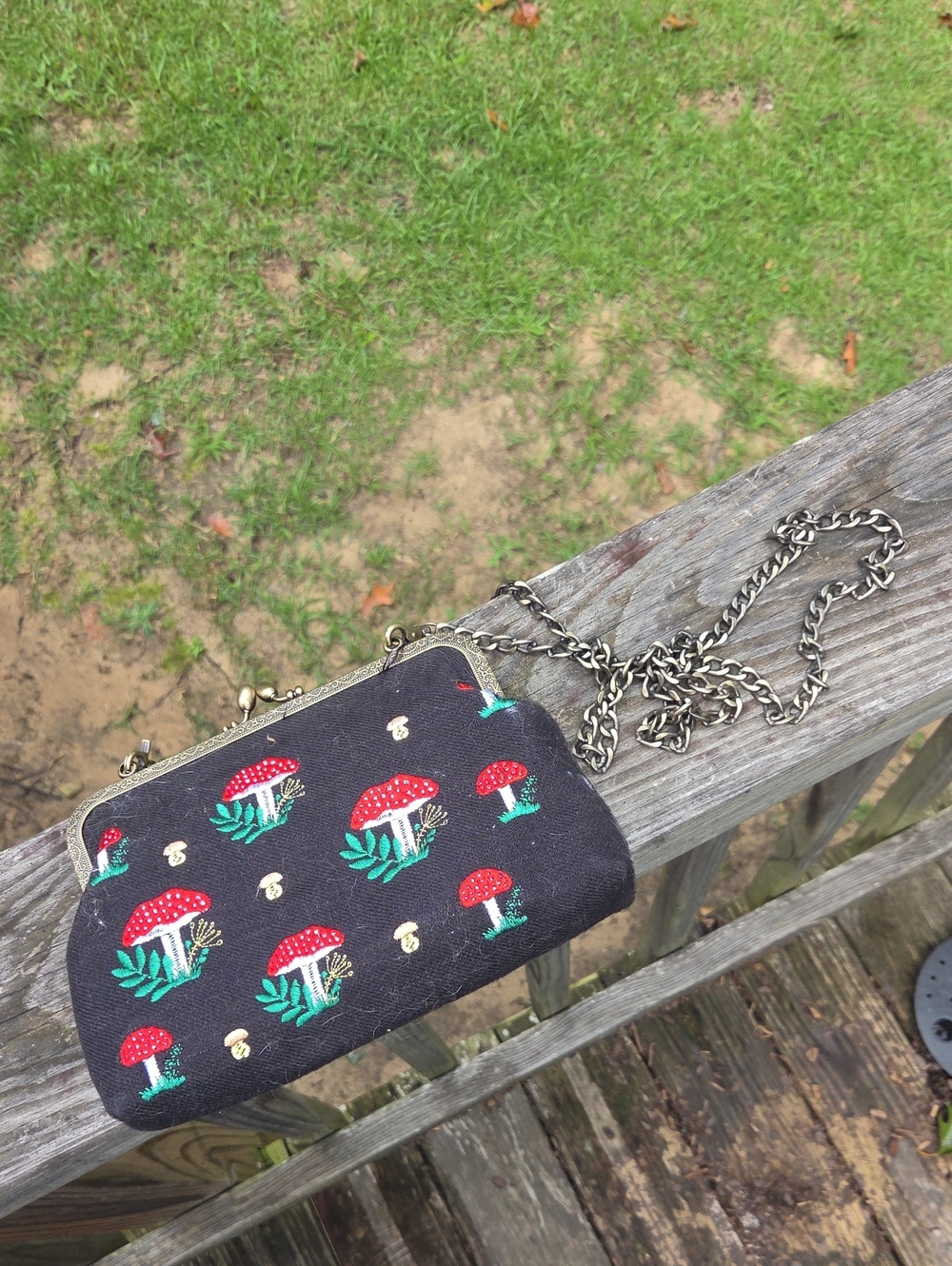 Black Mushroom Embroidered Crossbody Bag with Chain Strap